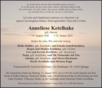 Traueranzeige von Anneliese Ketelhake von Neue Deister-Zeitung