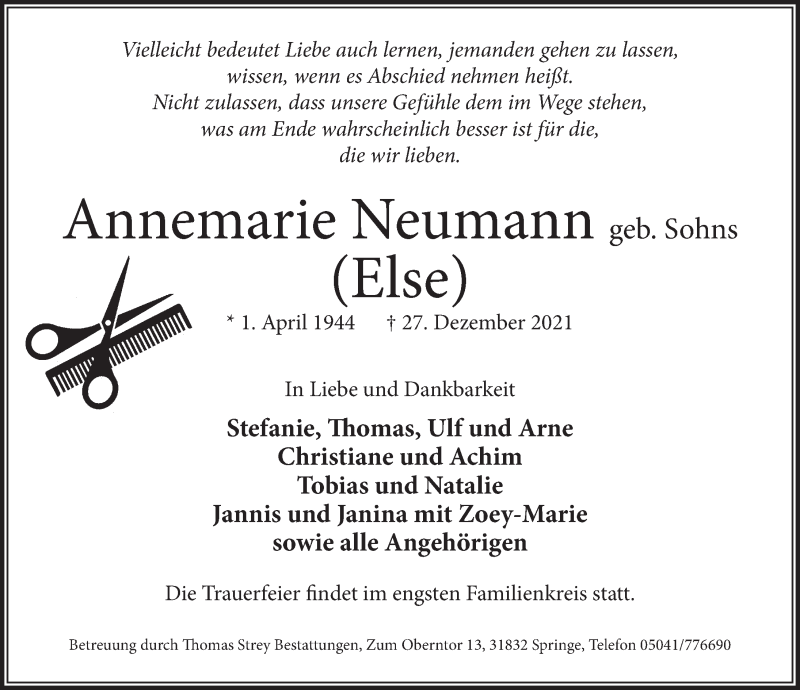  Traueranzeige für Annemarie Neumann vom 08.01.2022 aus Neue Deister-Zeitung