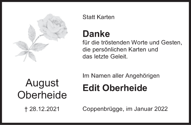  Traueranzeige für August Oberheide vom 14.01.2022 aus Deister- und Weserzeitung