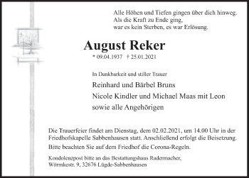 Traueranzeige von August Reker von Deister- und Weserzeitung