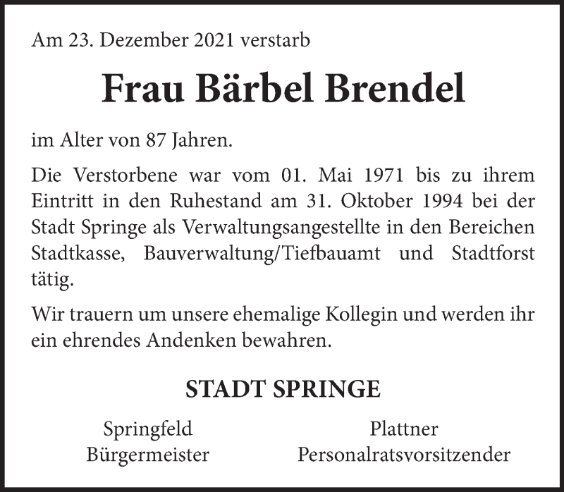  Traueranzeige für Bärbel Brendel vom 08.01.2022 aus Neue Deister-Zeitung
