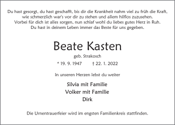 Traueranzeige von Beate Kasten von Deister- und Weserzeitung