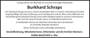 Traueranzeige von Burkhard Schraps von Deister- und Weserzeitung