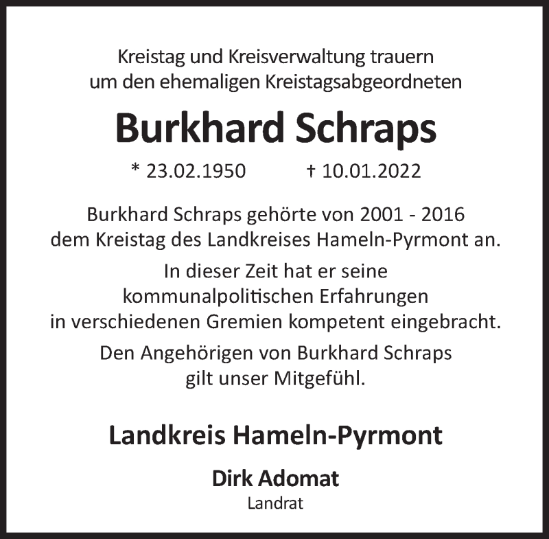  Traueranzeige für Burkhard Schraps vom 18.01.2022 aus Deister- und Weserzeitung