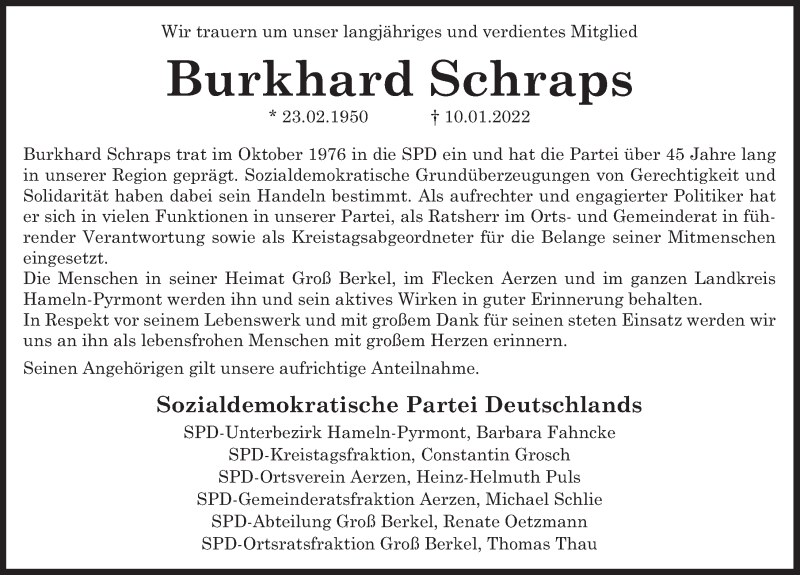  Traueranzeige für Burkhard Schraps vom 15.01.2022 aus Deister- und Weserzeitung