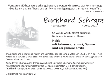 Traueranzeige von Burkhard Schraps von Deister- und Weserzeitung