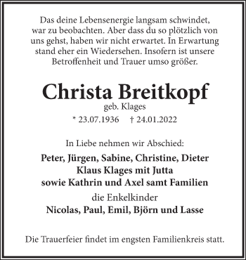 Traueranzeige von Christa Breitkopf von Deister- und Weserzeitung