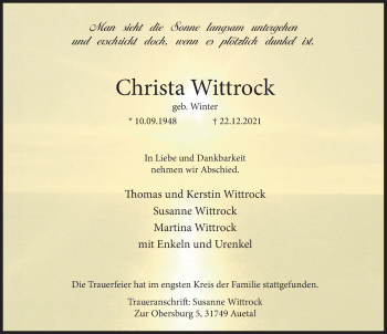 Traueranzeige von Christa Wittrock von Deister- und Weserzeitung