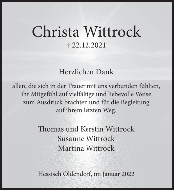 Traueranzeige von Christa Wittrock von Deister- und Weserzeitung