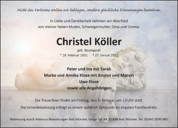 Traueranzeige von Christel Köller von Neue Deister-Zeitung