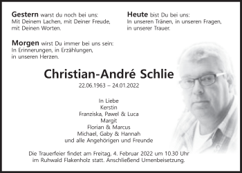 Traueranzeige von Christian-Andre Schlie von Deister- und Weserzeitung