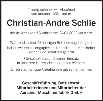 Traueranzeige von Christian-Andre Schlie von Deister- und Weserzeitung