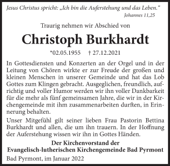 Traueranzeige von Christoph Burkhardt von Deister- und Weserzeitung