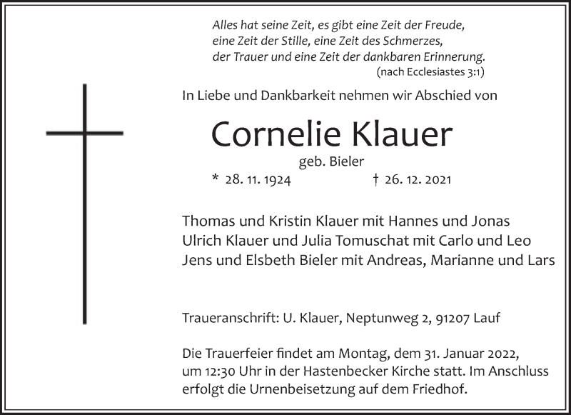  Traueranzeige für Cornelie Klauer vom 22.01.2022 aus Deister- und Weserzeitung