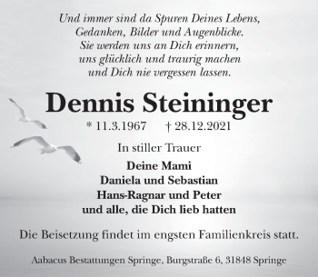 Traueranzeige von Dennis Steininger von Neue Deister-Zeitung
