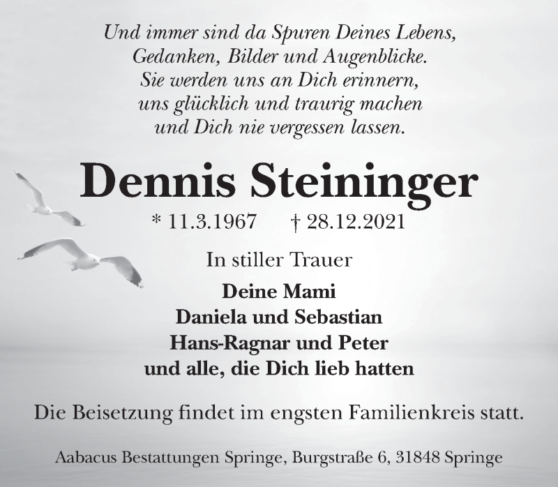  Traueranzeige für Dennis Steininger vom 08.01.2022 aus Neue Deister-Zeitung