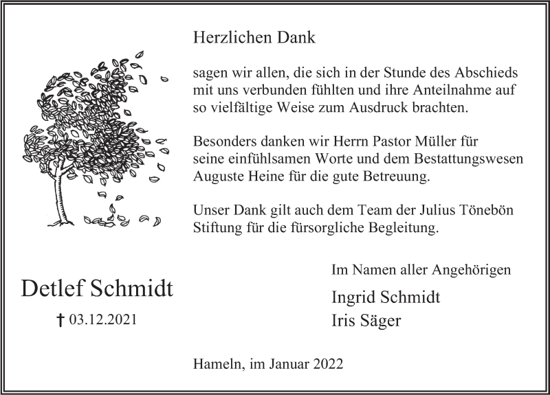  Traueranzeige für Detlef Schmidt vom 08.01.2022 aus Deister- und Weserzeitung