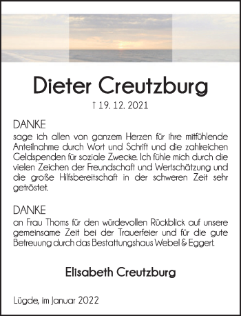Traueranzeige von Dieter Creutzburg von Deister- und Weserzeitung