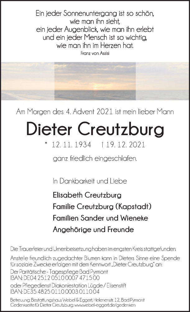  Traueranzeige für Dieter Creutzburg vom 08.01.2022 aus Deister- und Weserzeitung