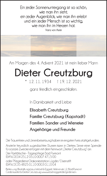 Traueranzeige von Dieter Creutzburg von Deister- und Weserzeitung