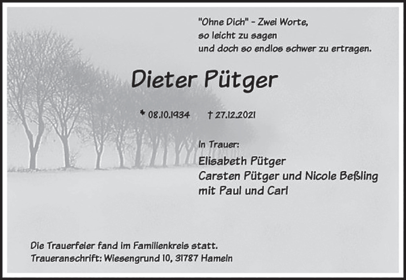  Traueranzeige für Dieter Pütger vom 08.01.2022 aus Deister- und Weserzeitung