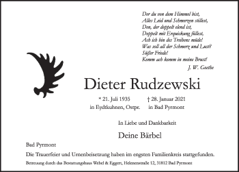 Traueranzeige von Dieter Rudzewski von Deister- und Weserzeitung