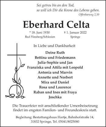 Traueranzeige von Eberhard Celta von Neue Deister-Zeitung