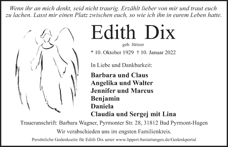  Traueranzeige für Edith Dix vom 15.01.2022 aus Deister- und Weserzeitung