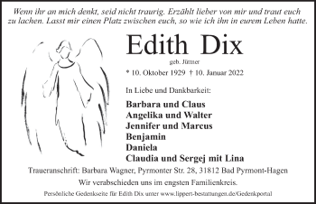 Traueranzeige von Edith Dix von Deister- und Weserzeitung