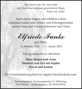 Traueranzeige von Elfriede Funke von Neue Deister-Zeitung
