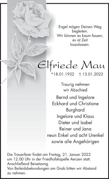 Traueranzeige von Elfriede Mau von Deister- und Weserzeitung