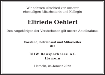 Traueranzeige von Elfriede Oehlert von Deister- und Weserzeitung