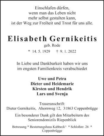 Traueranzeige von Elisabeth Gernikeitis von Deister- und Weserzeitung