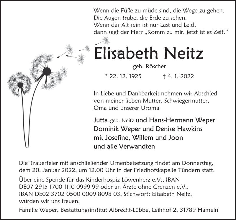  Traueranzeige für Elisabeth Neitz vom 14.01.2022 aus Deister- und Weserzeitung