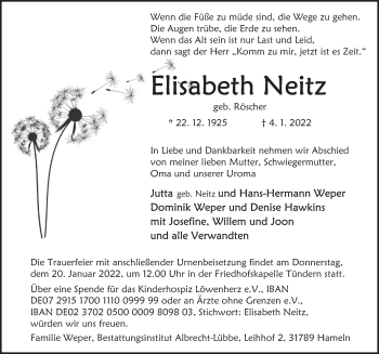 Traueranzeige von Elisabeth Neitz von Deister- und Weserzeitung