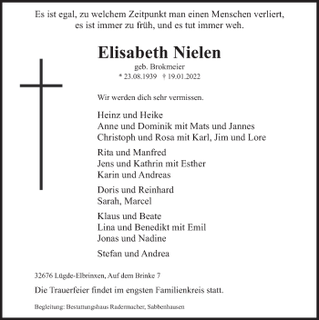 Traueranzeige von Elisabeth Nielen von Deister- und Weserzeitung