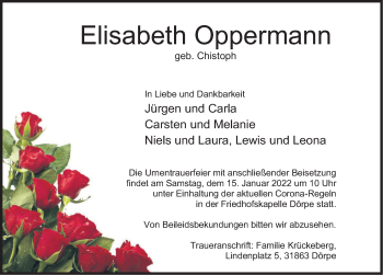 Traueranzeige von Elisabeth Oppermann von Deister- und Weserzeitung