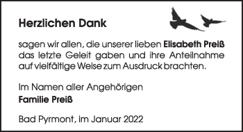 Traueranzeige von Elisabeth Preiß von Deister- und Weserzeitung