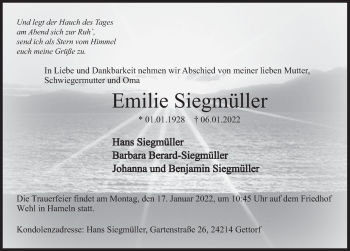 Traueranzeige von Emilie Siegmüller von Deister- und Weserzeitung