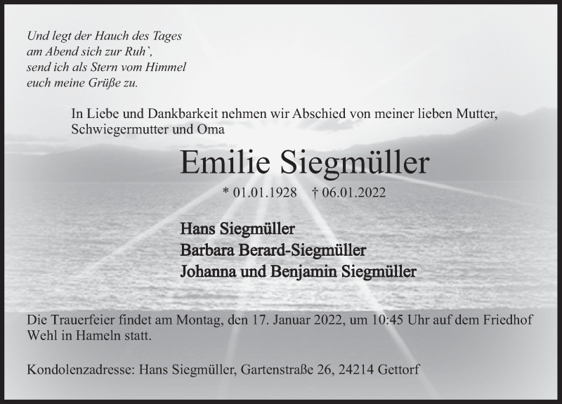  Traueranzeige für Emilie Siegmüller vom 15.01.2022 aus Deister- und Weserzeitung