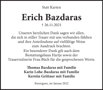 Traueranzeige von Erich Bazdaras von Neue Deister-Zeitung