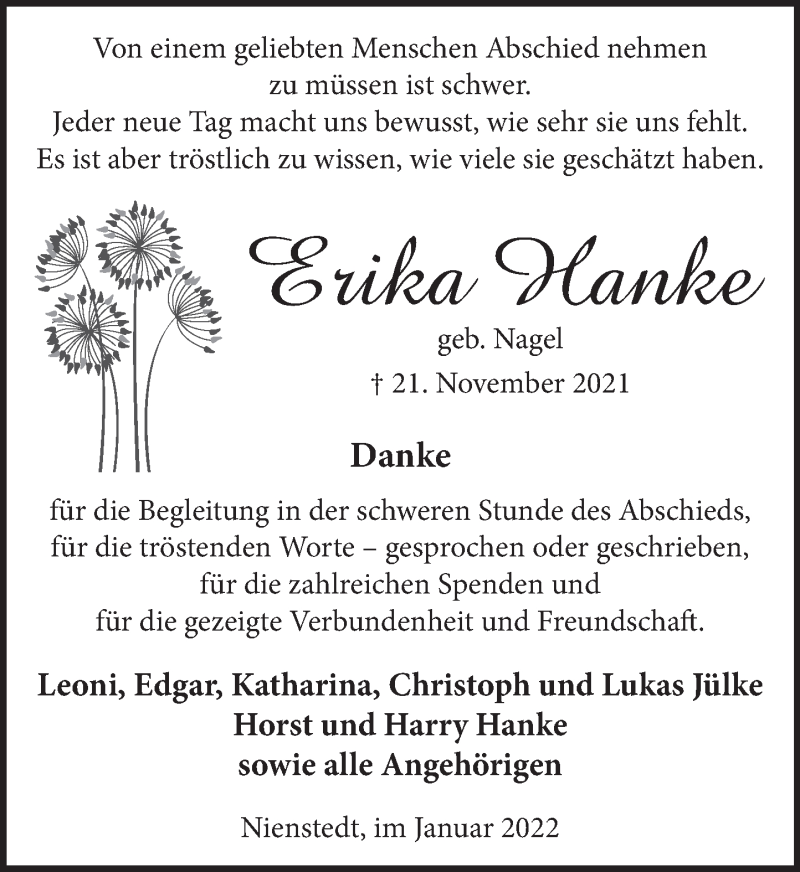  Traueranzeige für Erika Hanke vom 15.01.2022 aus Neue Deister-Zeitung
