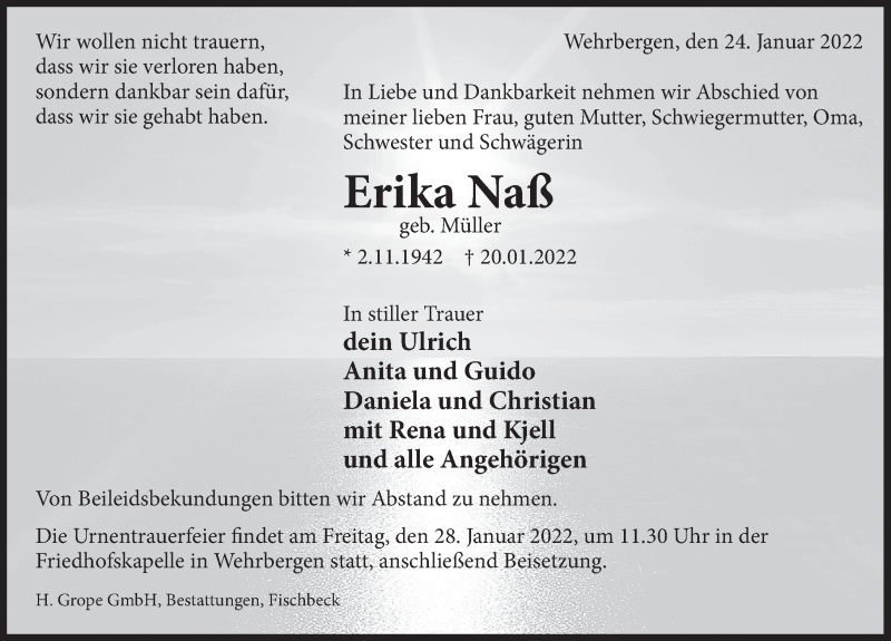  Traueranzeige für Erika Naß vom 24.01.2022 aus Deister- und Weserzeitung