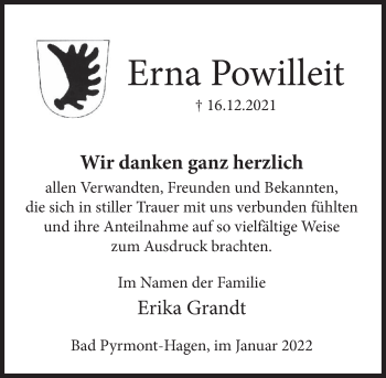 Traueranzeige von Erna Powilleit von Deister- und Weserzeitung
