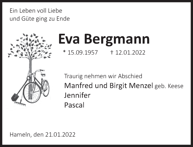  Traueranzeige für Eva Bergmann vom 21.01.2022 aus Deister- und Weserzeitung