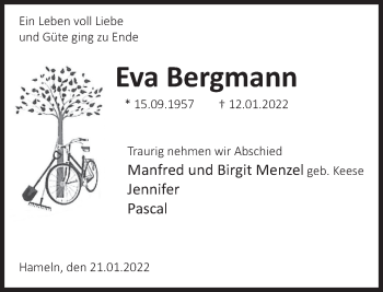 Traueranzeige von Eva Bergmann von Deister- und Weserzeitung