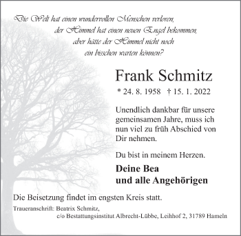 Traueranzeige von Frank Schmitz von Deister- und Weserzeitung