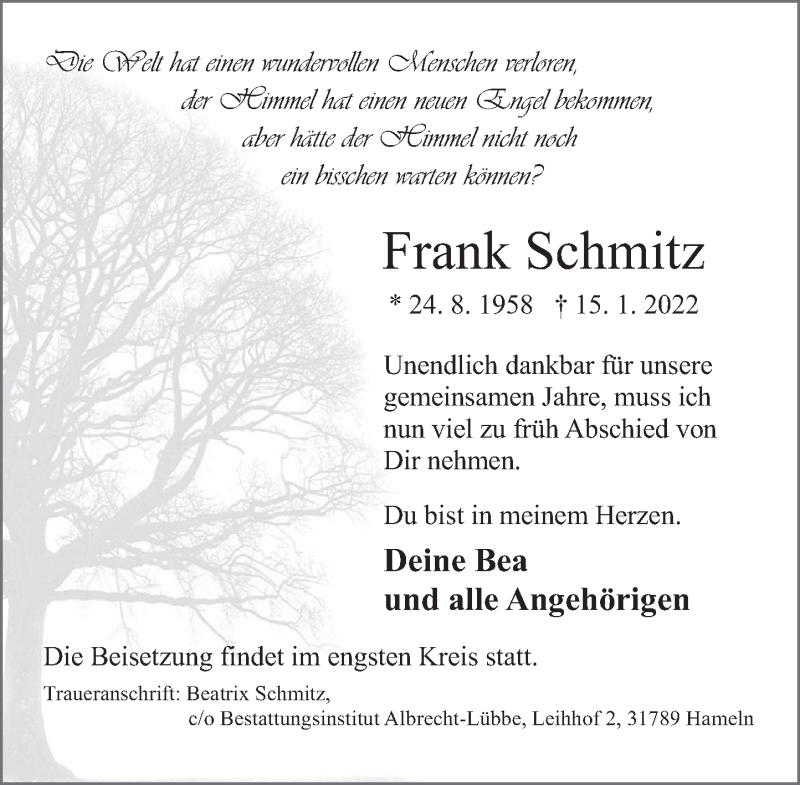  Traueranzeige für Frank Schmitz vom 29.01.2022 aus Deister- und Weserzeitung