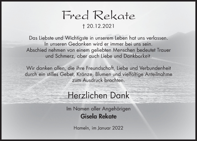  Traueranzeige für Fred Rekate vom 22.01.2022 aus Deister- und Weserzeitung