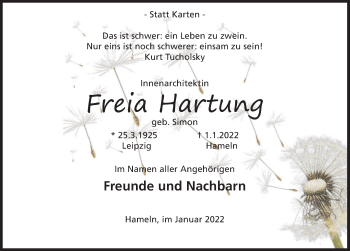 Traueranzeige von Freia Kartung von Deister- und Weserzeitung
